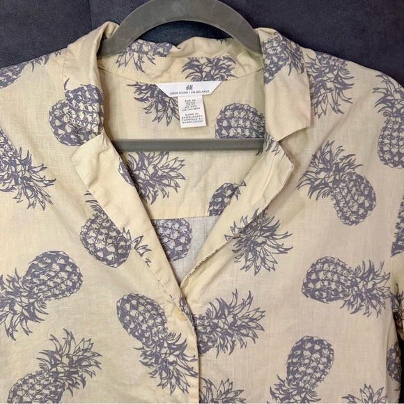 H&M Linen Cotton Pineapple Print Resort Shirt Yellow Tropicalcore XS Oversized - Picture 10 of 10